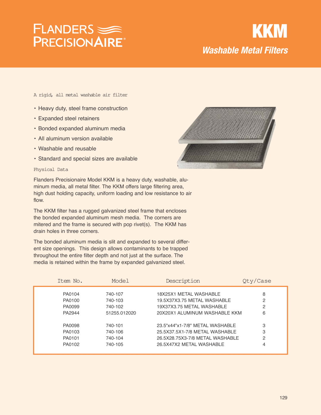 Precisionaire KKM manual Washable Metal Filters, Item No, Model, Description, Qty/Case, Expanded steel retainers 