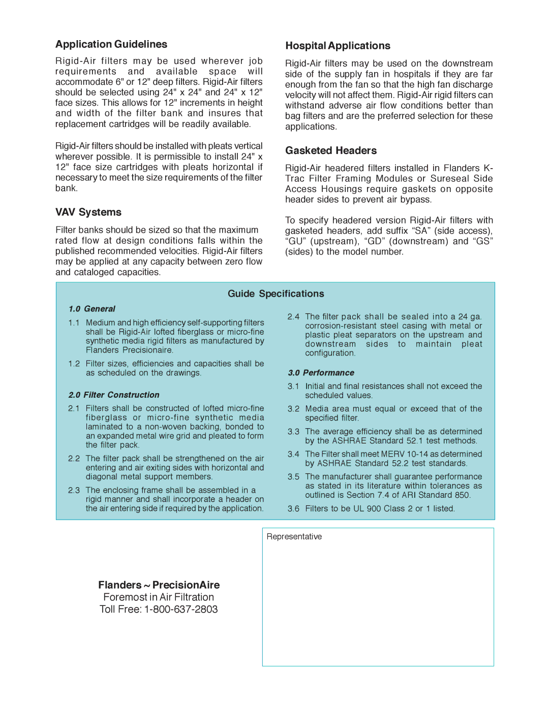 Precisionaire MERV 10-14 manual Application Guidelines, Hospital Applications, Gasketed Headers, VAV Systems 