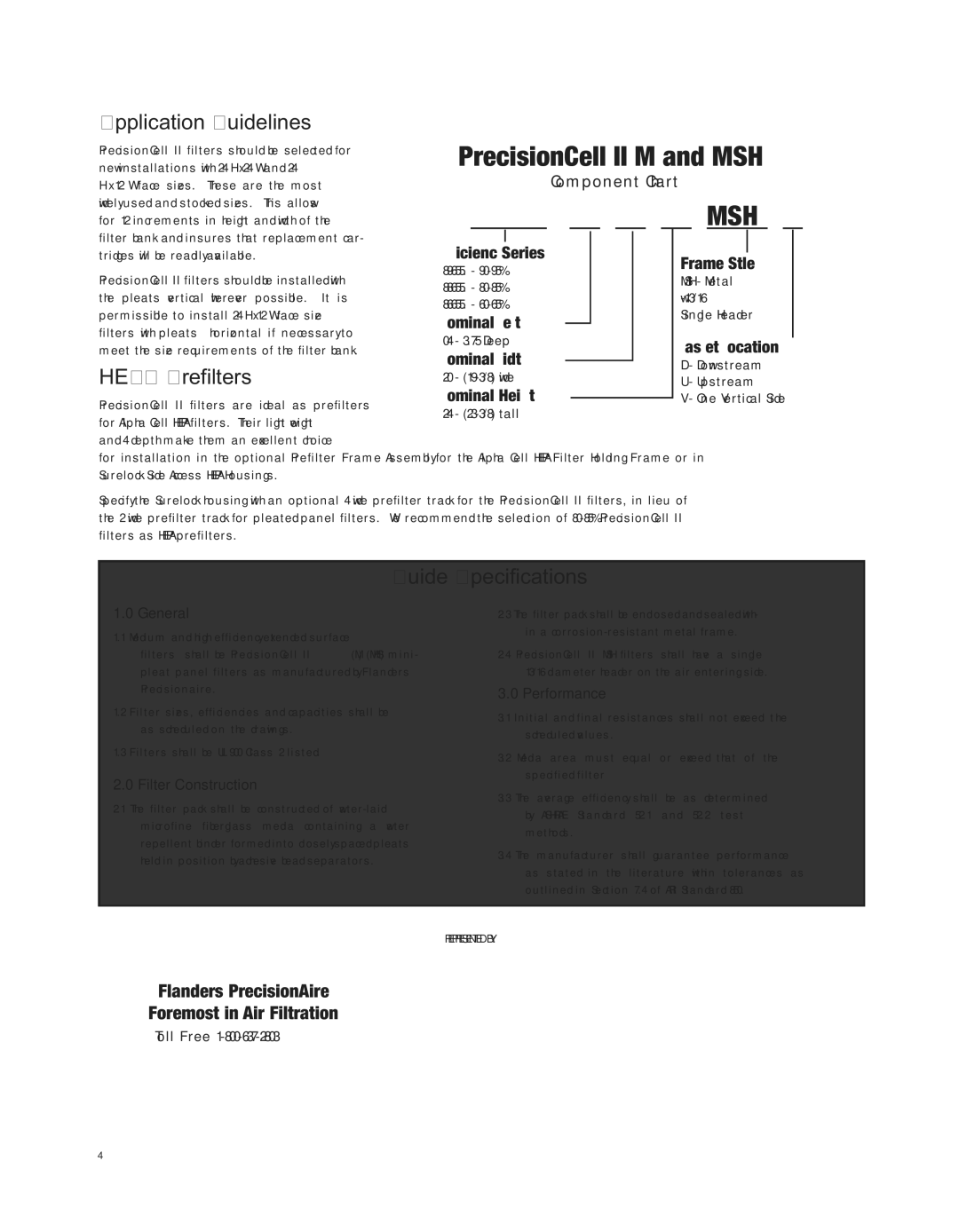 Precisionaire MSH, II M manual Application Guidelines, Hepa Prefilters, Guide Specifications 