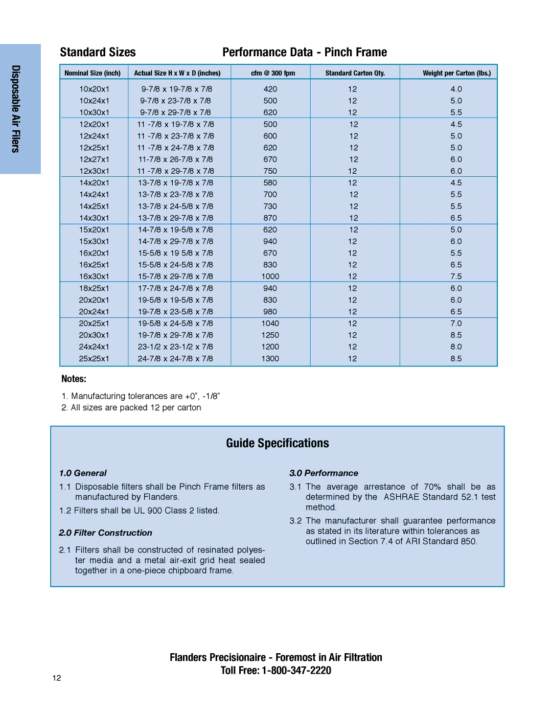 Precisionaire none manual Standard Sizes, Guide Specifications, General Performance, Filter Construction 