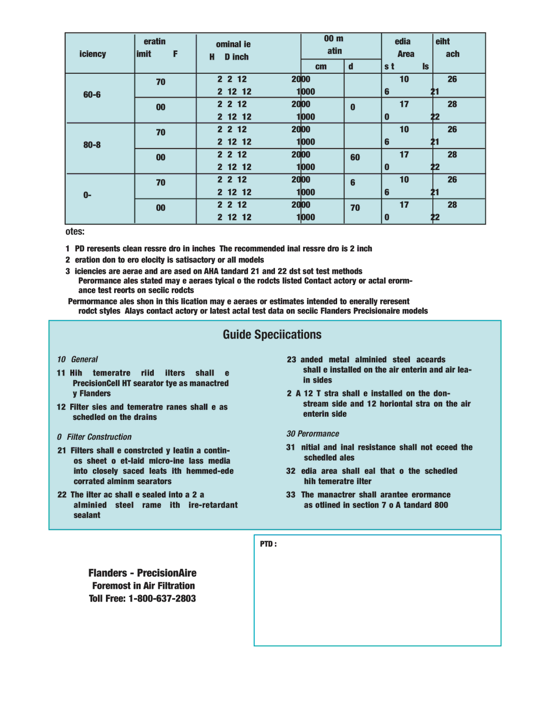 Precisionaire PB1003 manual Guide Specifications, General, Filter Construction Performance 