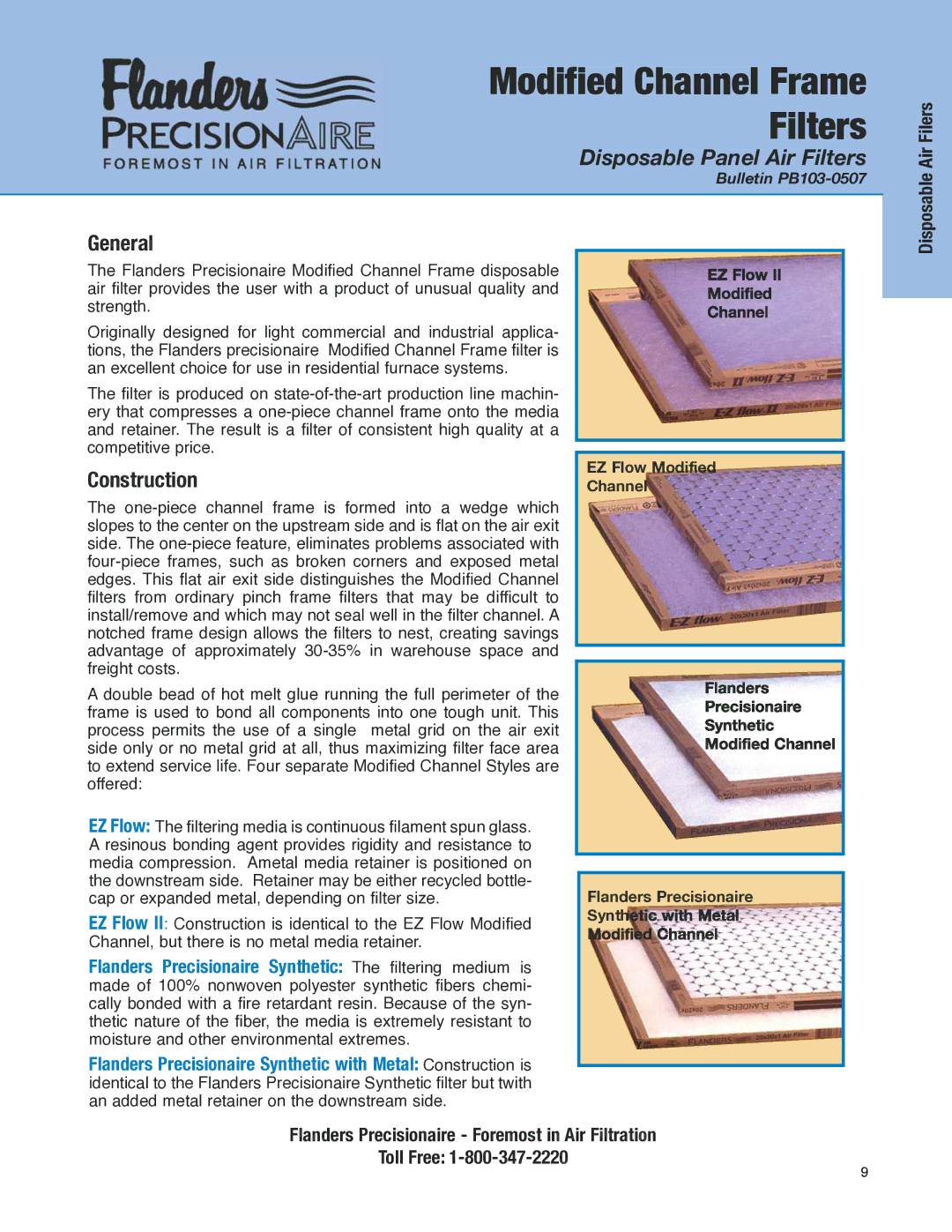 Precisionaire manual Disposable Panel Air Filters, General, Construction, Bulletin PB103-0507 