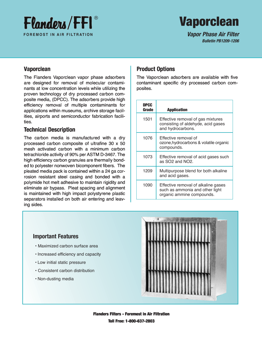 Precisionaire PB1209 manual Vaporclean, Technical Description, Product Options, Important Features, Vapor Phase Air Filter 