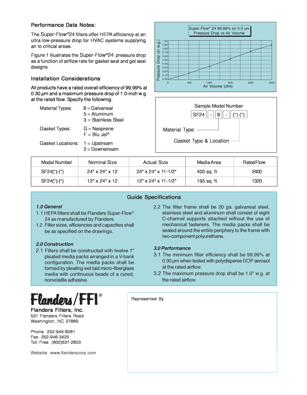 Precisionaire PB1410 Performance Data Notes, Installation Considerations, Guide Specifications, Flanders Filters, Inc 