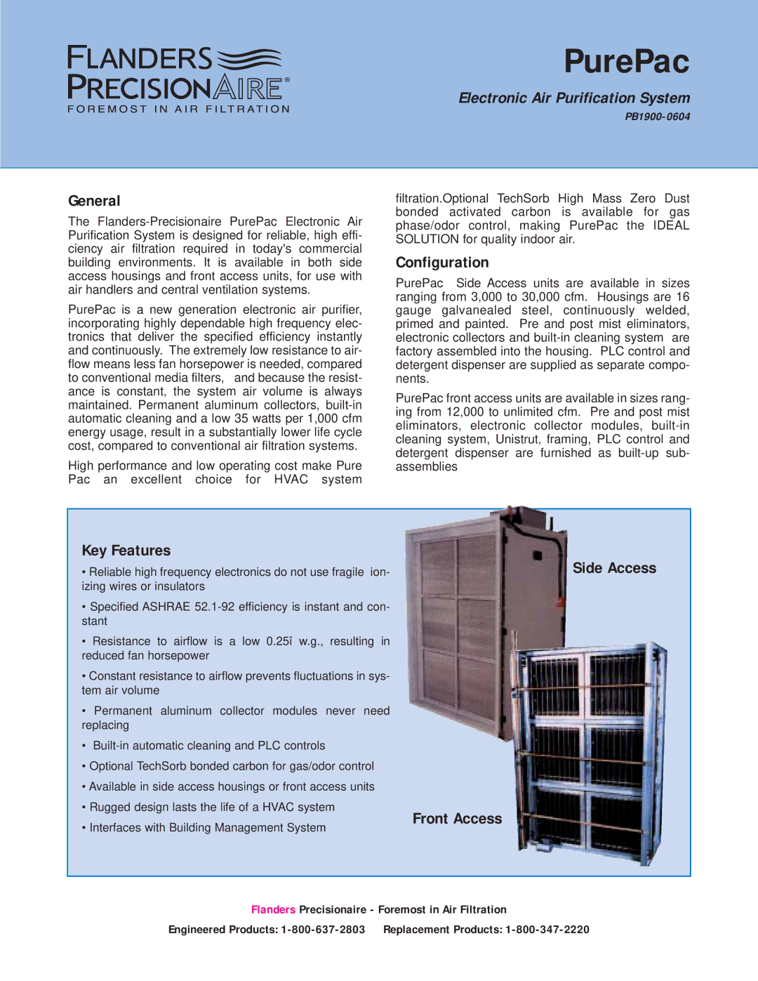 Precisionaire PB1900-0604 manual General, Configuration, Key Features, Front Access, Side Access 