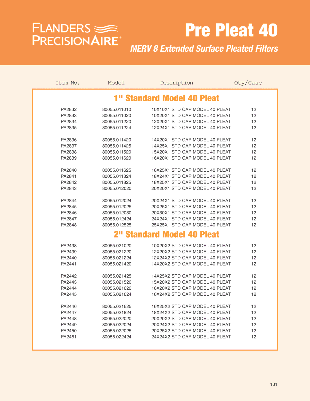 Precisionaire Pre Pleat 40 manual Standard Model 40 Pleat 