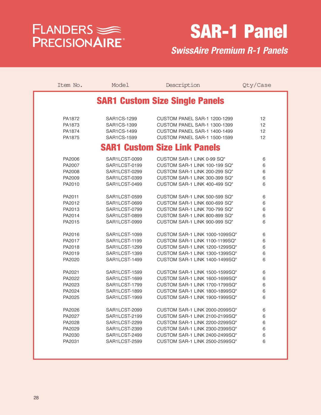 Precisionaire SAR-1 Media manual SAR1 Custom Size Link Panels, Custom SAR-1 Link 0-99 SQ 