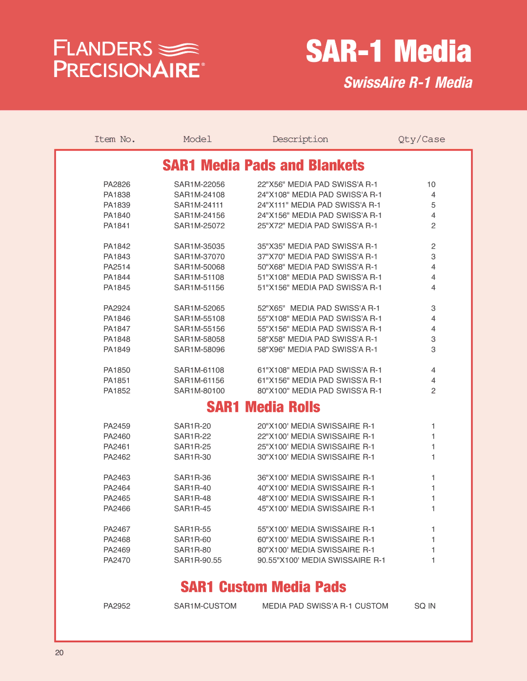 Precisionaire SAR-1 Media manual SAR1 Media Pads and Blankets, SAR1 Media Rolls, SAR1 Custom Media Pads 