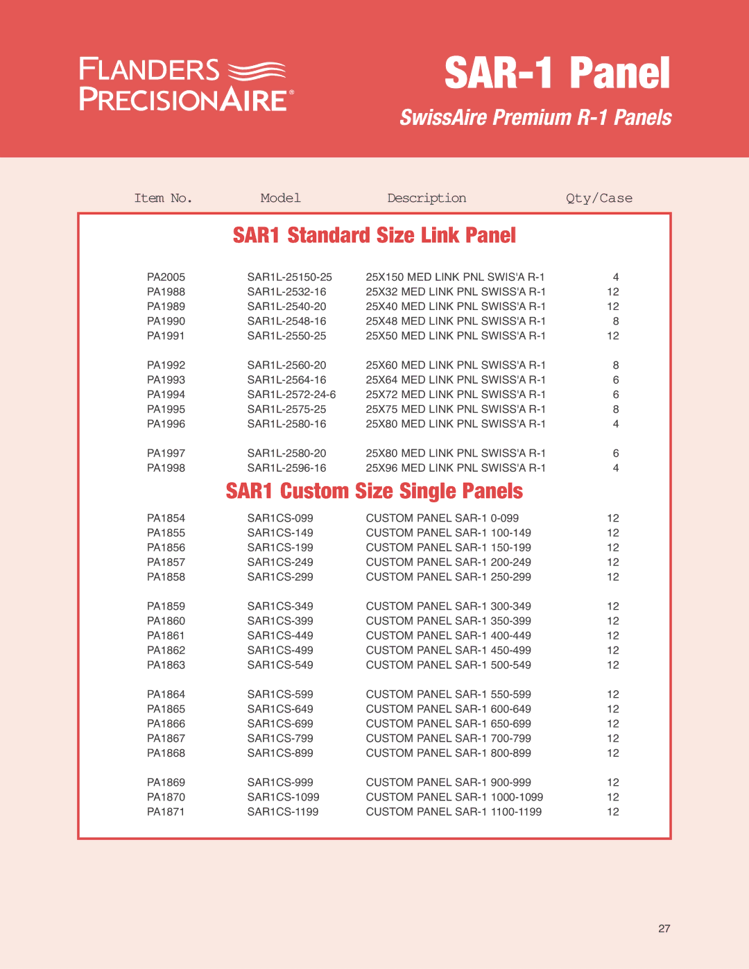 Precisionaire SAR-1 Media manual SAR1 Custom Size Single Panels 