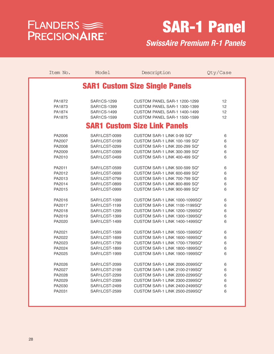 Precisionaire SAR-1 Media SAR1 Custom Size Link Panels, SAR-1Panel, SwissAire Premium R-1Panels, Item No, Model, Qty/Case 