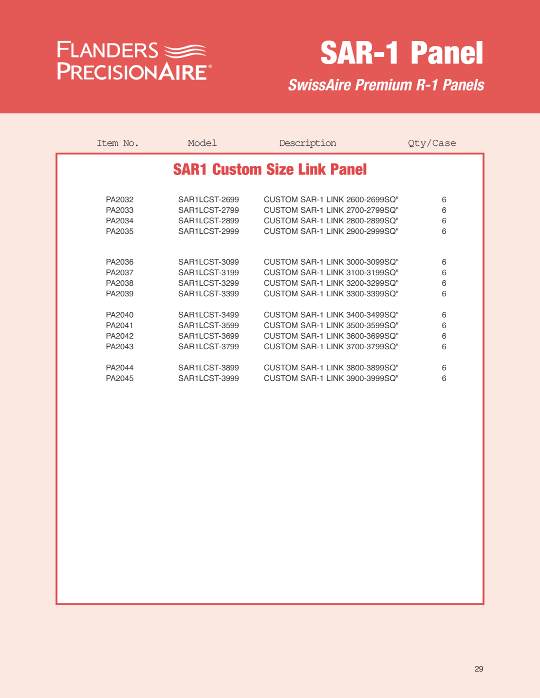 Precisionaire SAR-1 Media SAR1 Custom Size Link Panel, SAR-1Panel, SwissAire Premium R-1Panels, Item No, Model, Qty/Case 