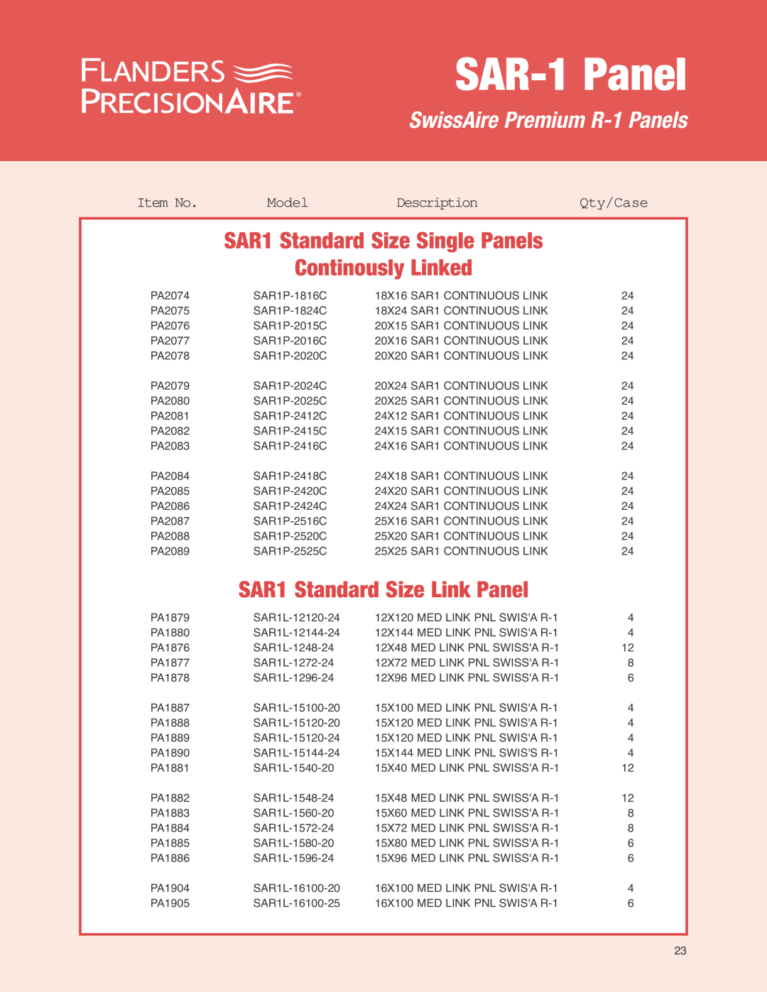 Precisionaire SAR-1 Media manual SAR1 Standard Size Link Panel, SAR-1Panel, SwissAire Premium R-1Panels, Continously Linked 