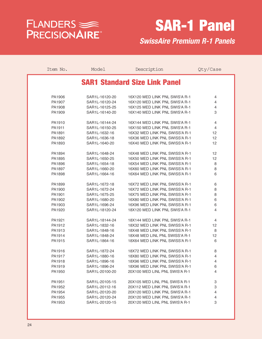 Precisionaire SAR-1 Media manual Item No, Model, Description, Qty/Case, SAR-1Panel, SwissAire Premium R-1Panels 