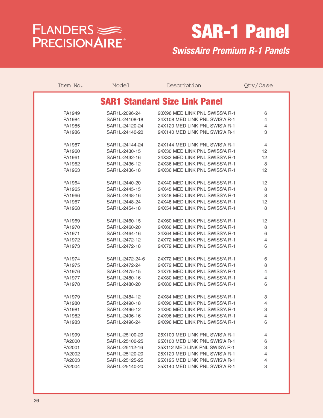 Precisionaire SAR-1 Media manual SAR-1Panel, SwissAire Premium R-1Panels, SAR1 Standard Size Link Panel, PA1949 