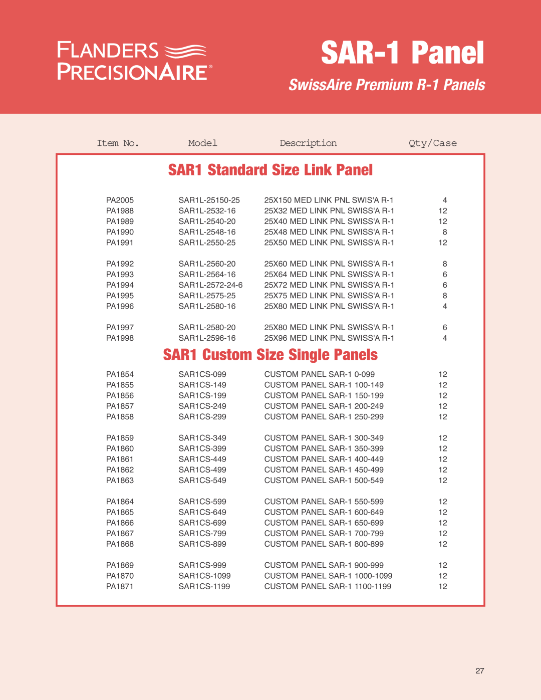 Precisionaire SAR-1 Media manual SAR1 Custom Size Single Panels, SAR-1Panel, SwissAire Premium R-1Panels, Item No, Model 
