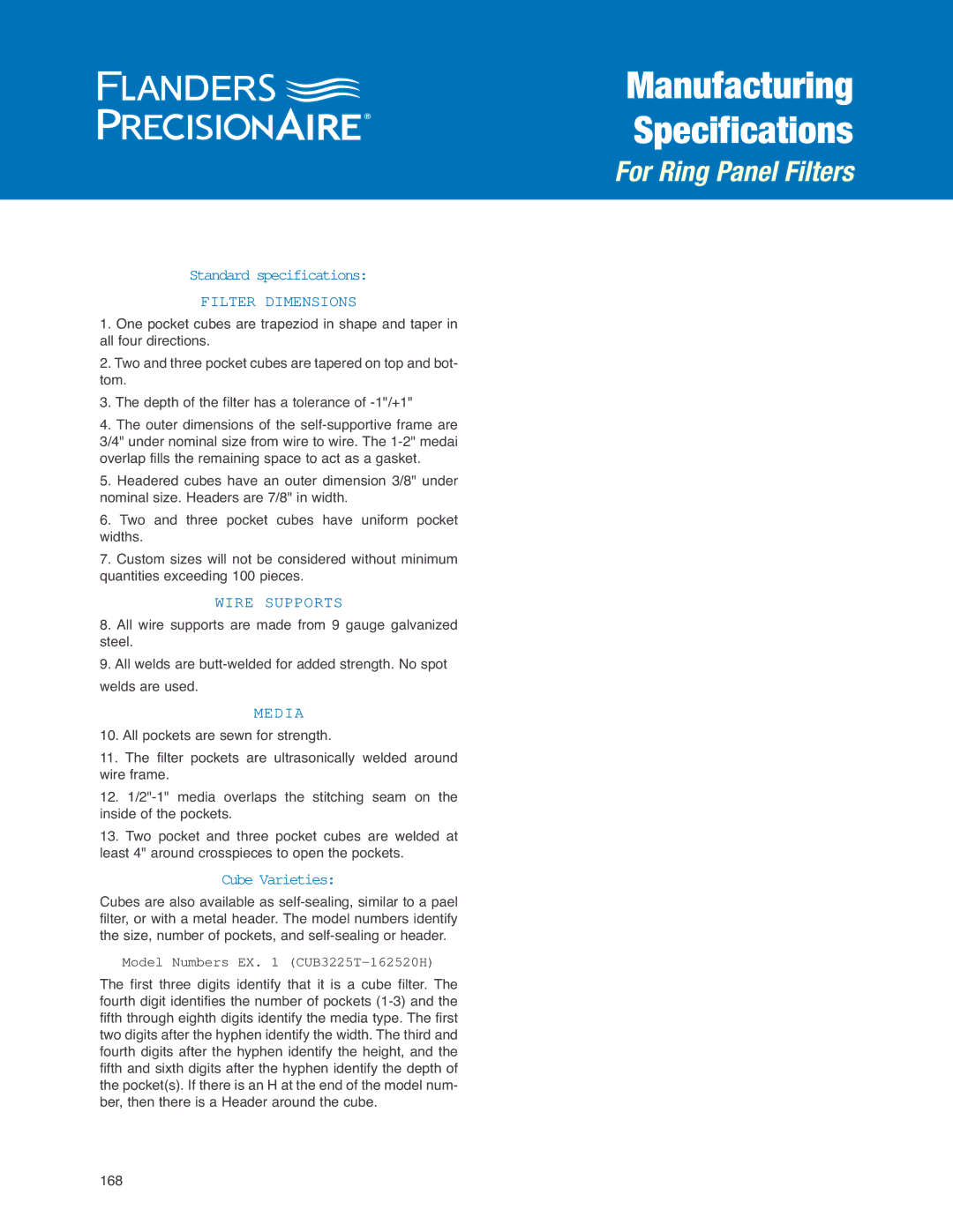 Precisionaire SAR1P20-2424 Filter Dimensions, Wire Supports, Media, Cube Varieties, Model Numbers EX CUB3225T-162520H 