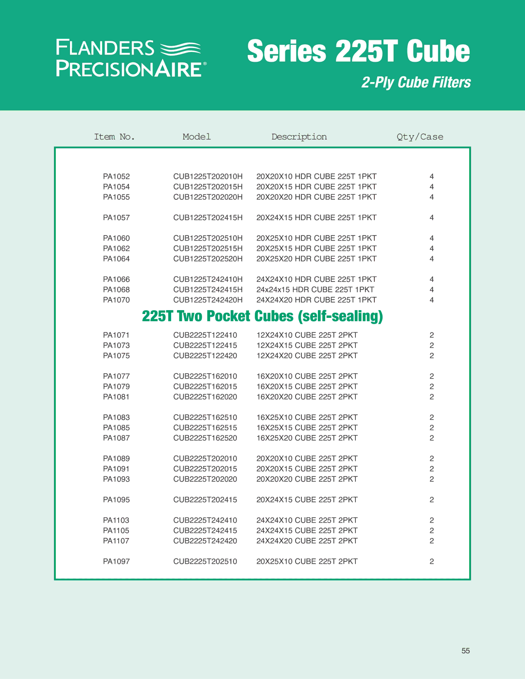 Precisionaire Series 225T Cube manual 225T Two Pocket Cubes self-sealing, Model Description Qty/Case 