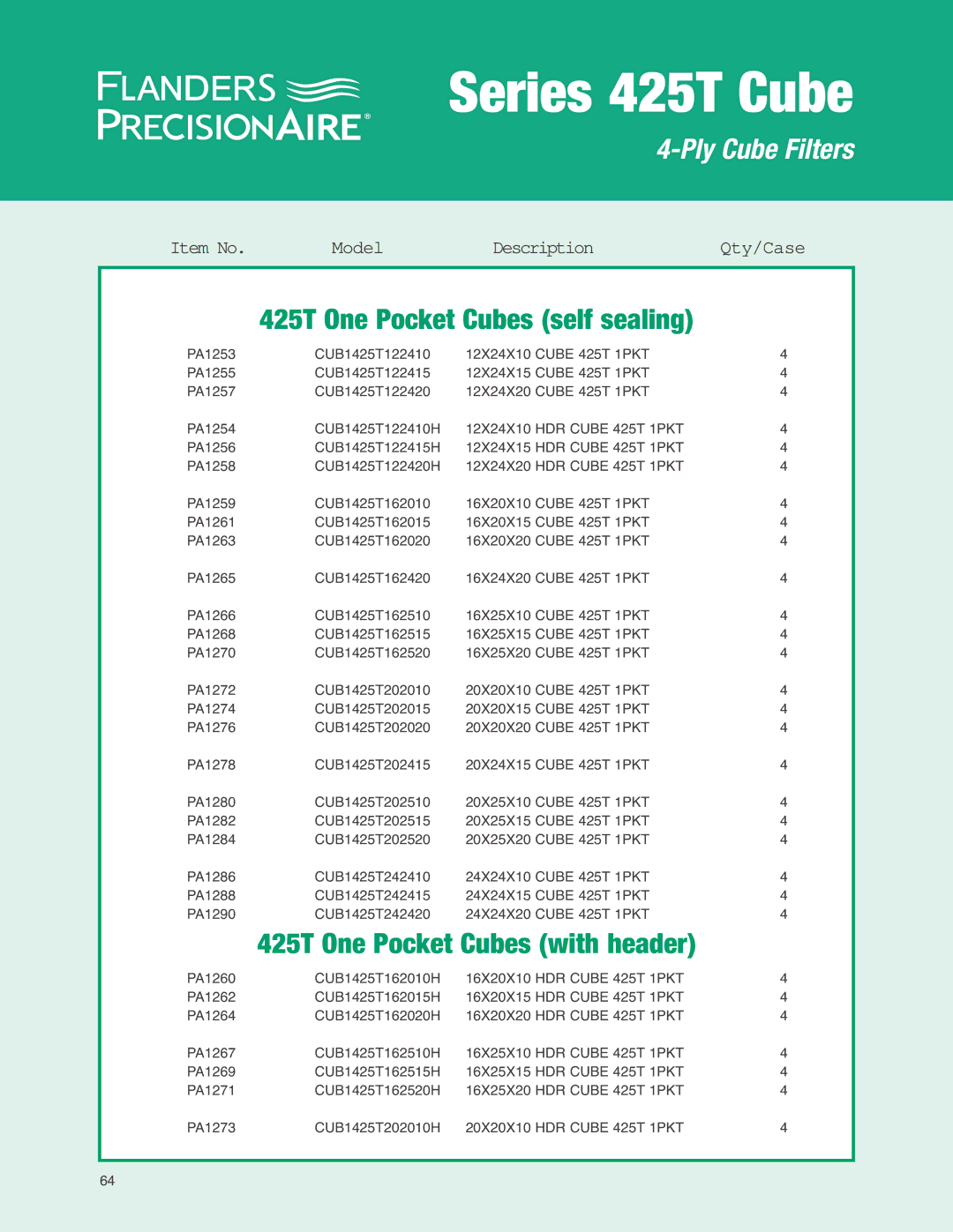 Precisionaire Series 425T Cube manual 425T One Pocket Cubes self sealing, 425T One Pocket Cubes with header 