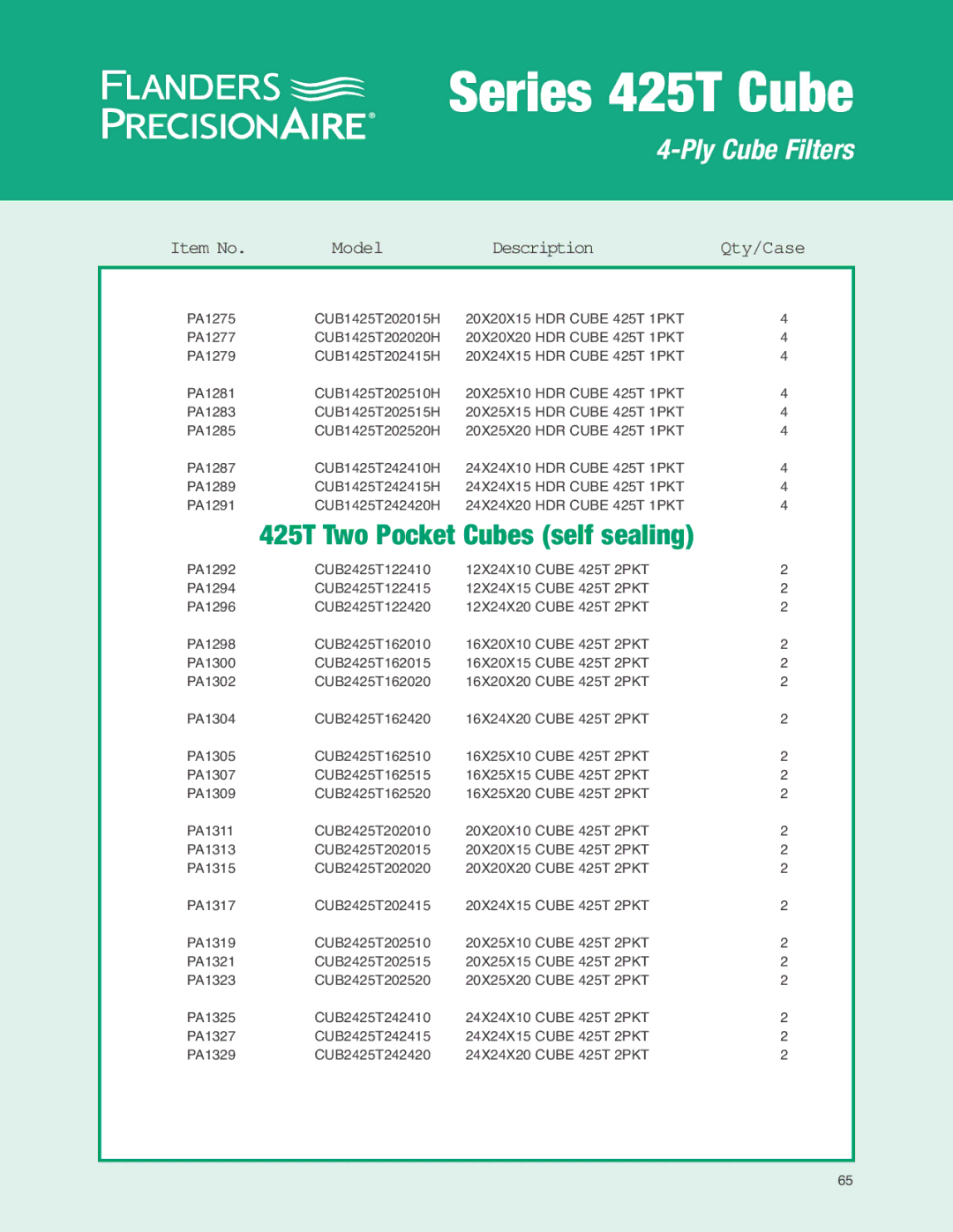 Precisionaire Series 425T Cube manual 425T Two Pocket Cubes self sealing, Model Description Qty/Case 