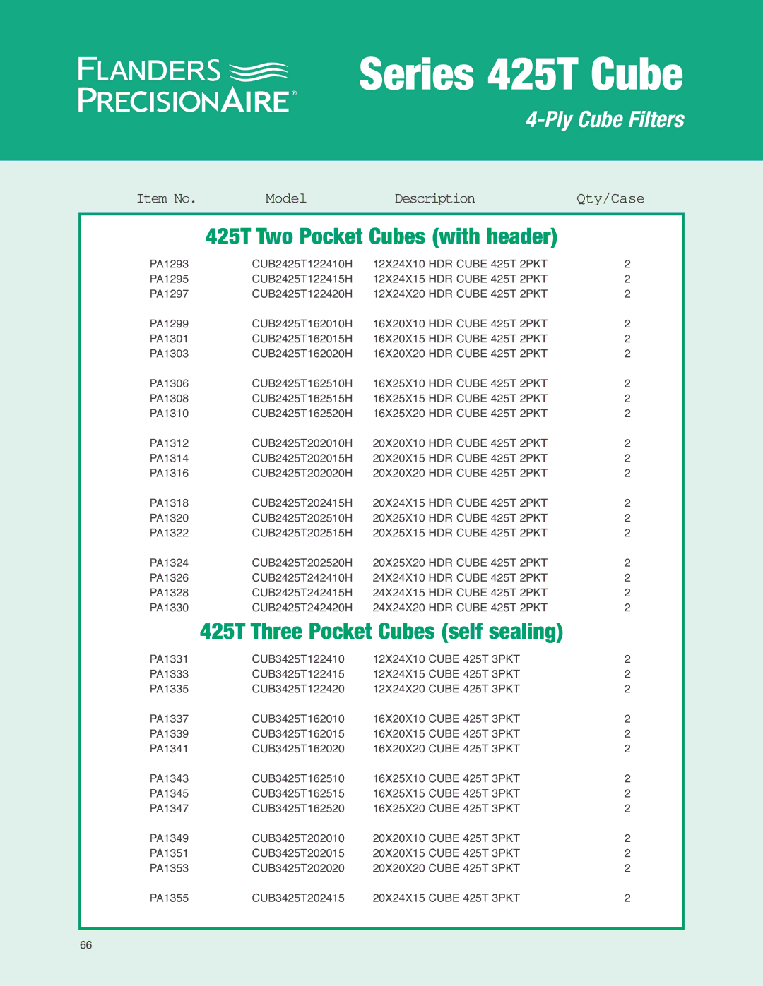 Precisionaire Series 425T Cube manual 425T Two Pocket Cubes with header, 425T Three Pocket Cubes self sealing 