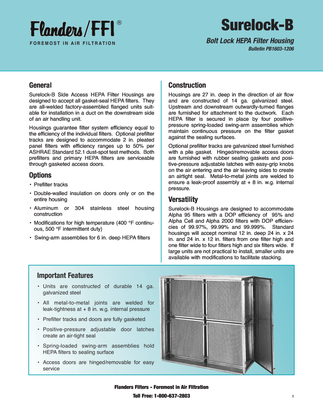 Precisionaire Surelock B manual General, Options, Construction, Versatility, Important Features, Bulletin PB1603-1206 