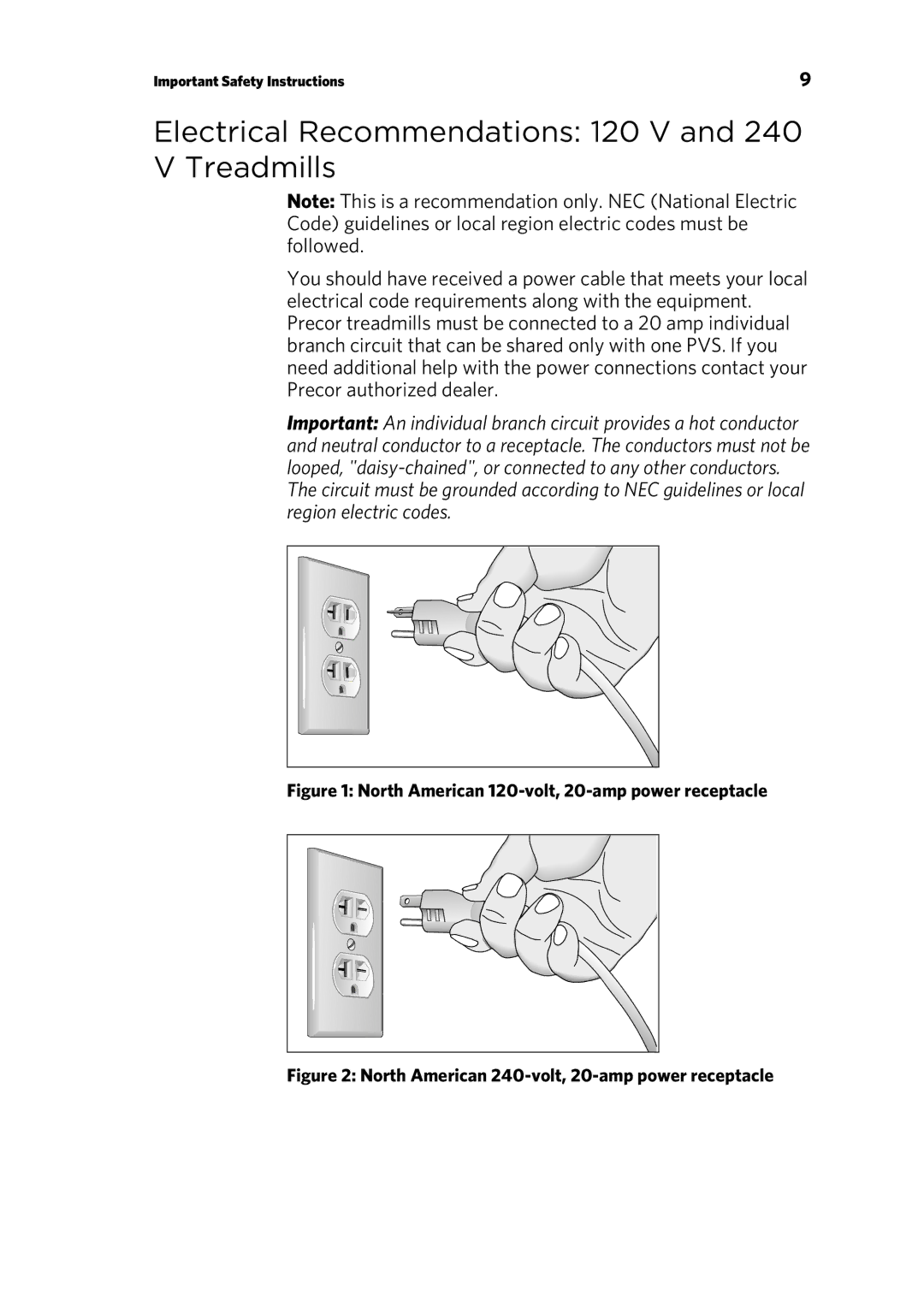 Precor 300753-201 Electrical Recommendations 120 V and 240 V Treadmills, North American 120-volt, 20-amp power receptacle 