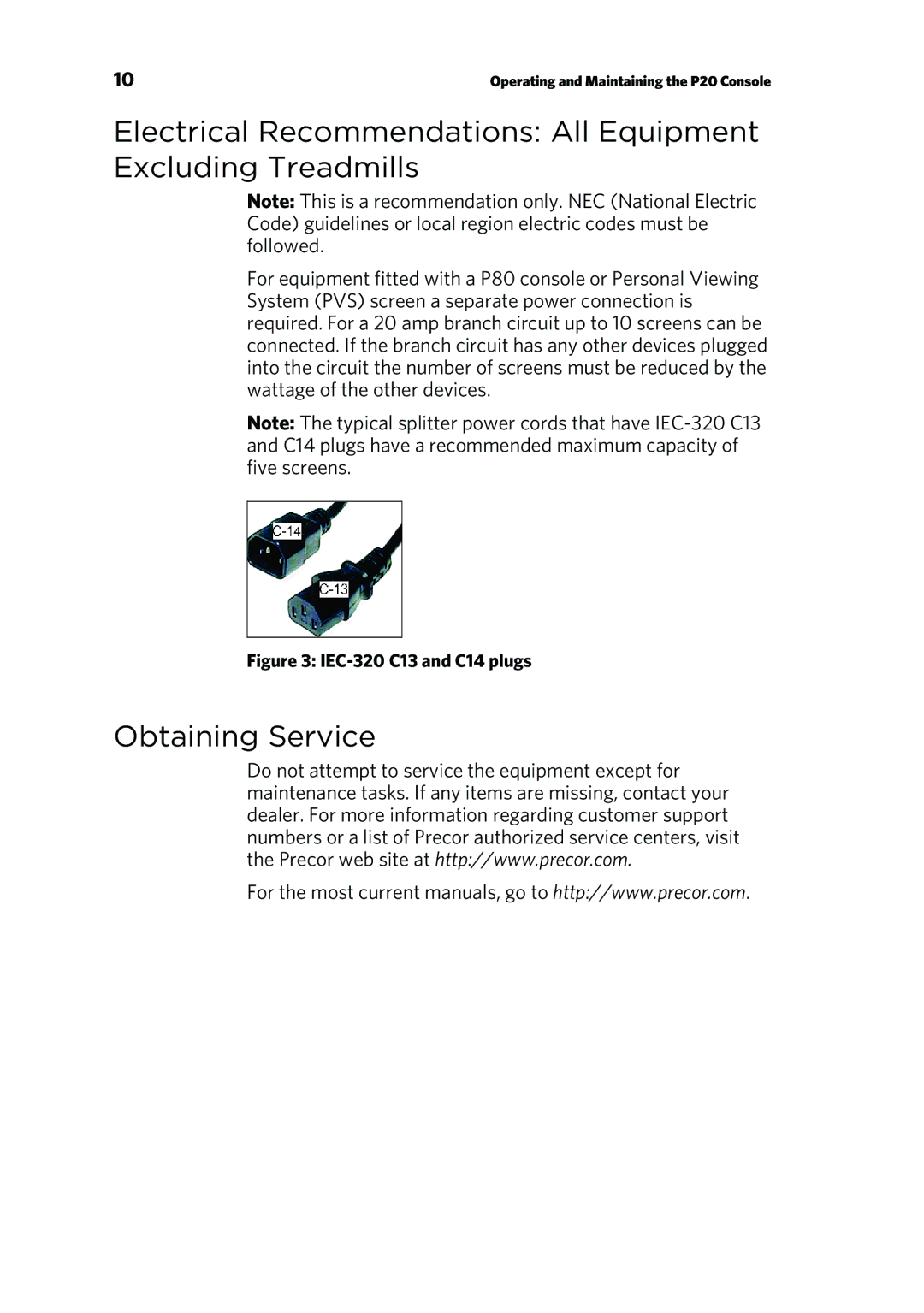 Precor 300753-201 manual Obtaining Service, IEC-320 C13 and C14 plugs 