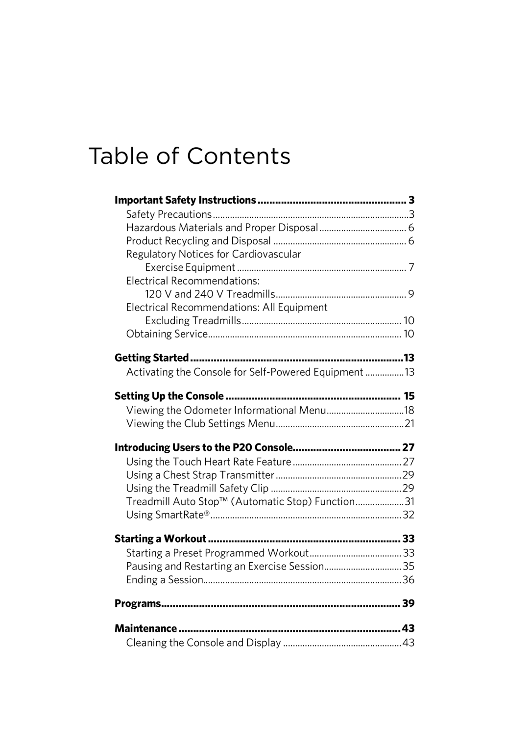 Precor 300753-201 manual Table of Contents 