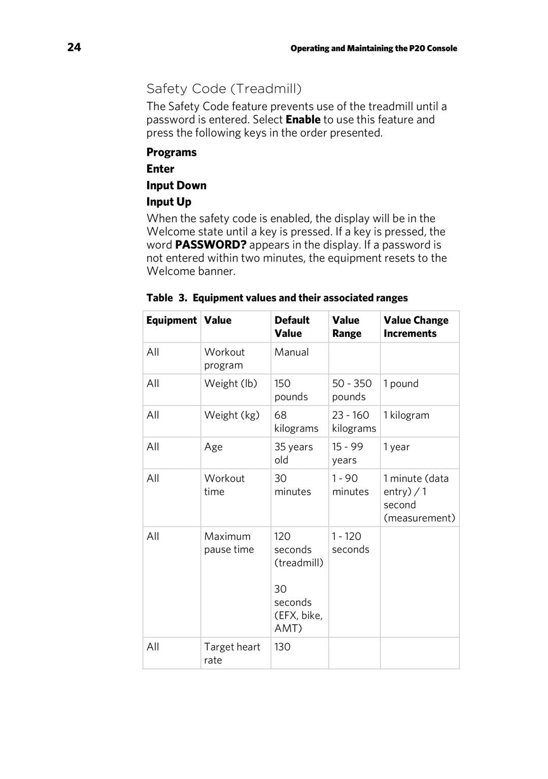 Precor 300753-201 manual Safety Code Treadmill, Programs Enter Input Down Input Up 