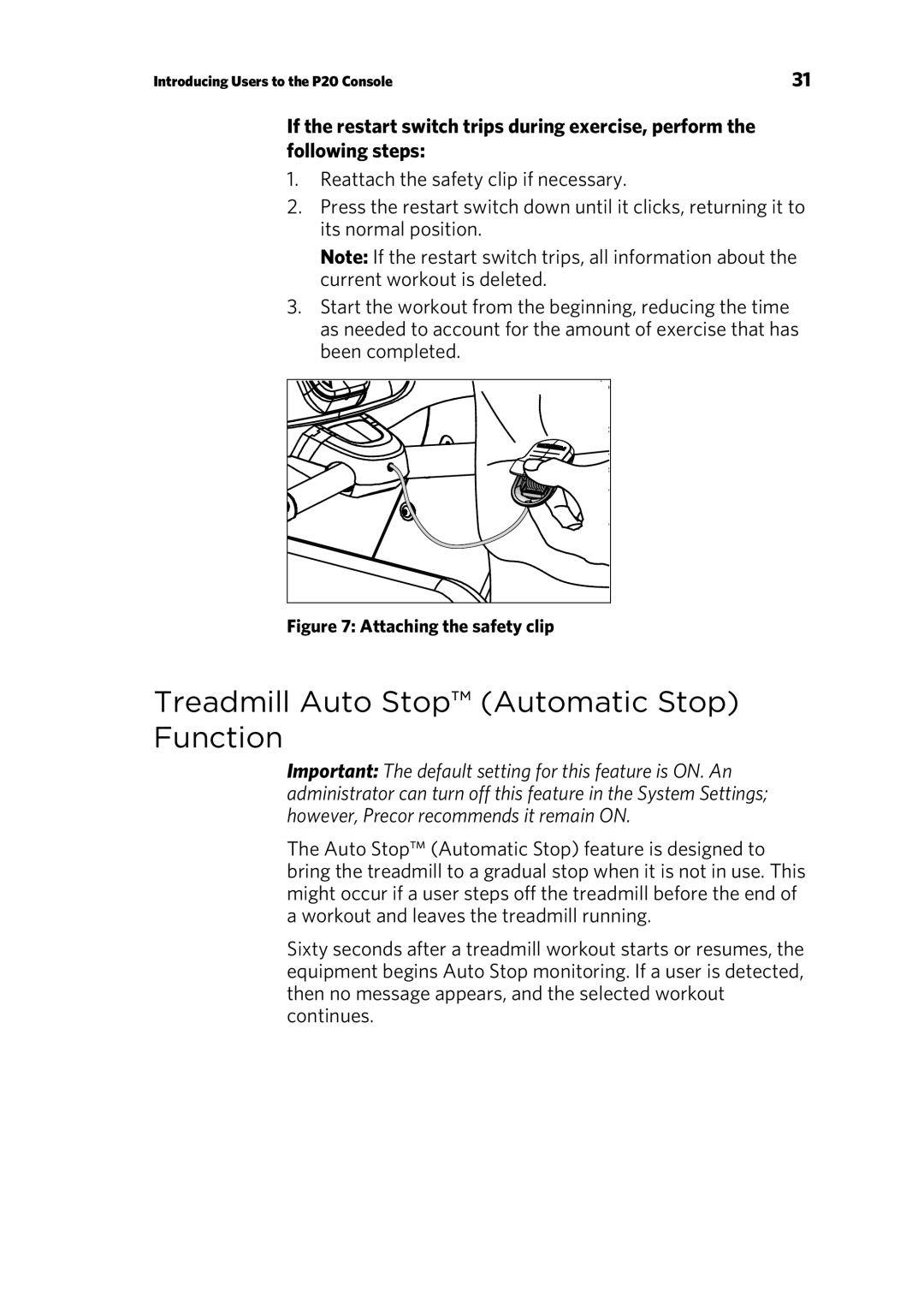 Precor 300753-201 manual Treadmill Auto Stop Automatic Stop Function, Attaching the safety clip 