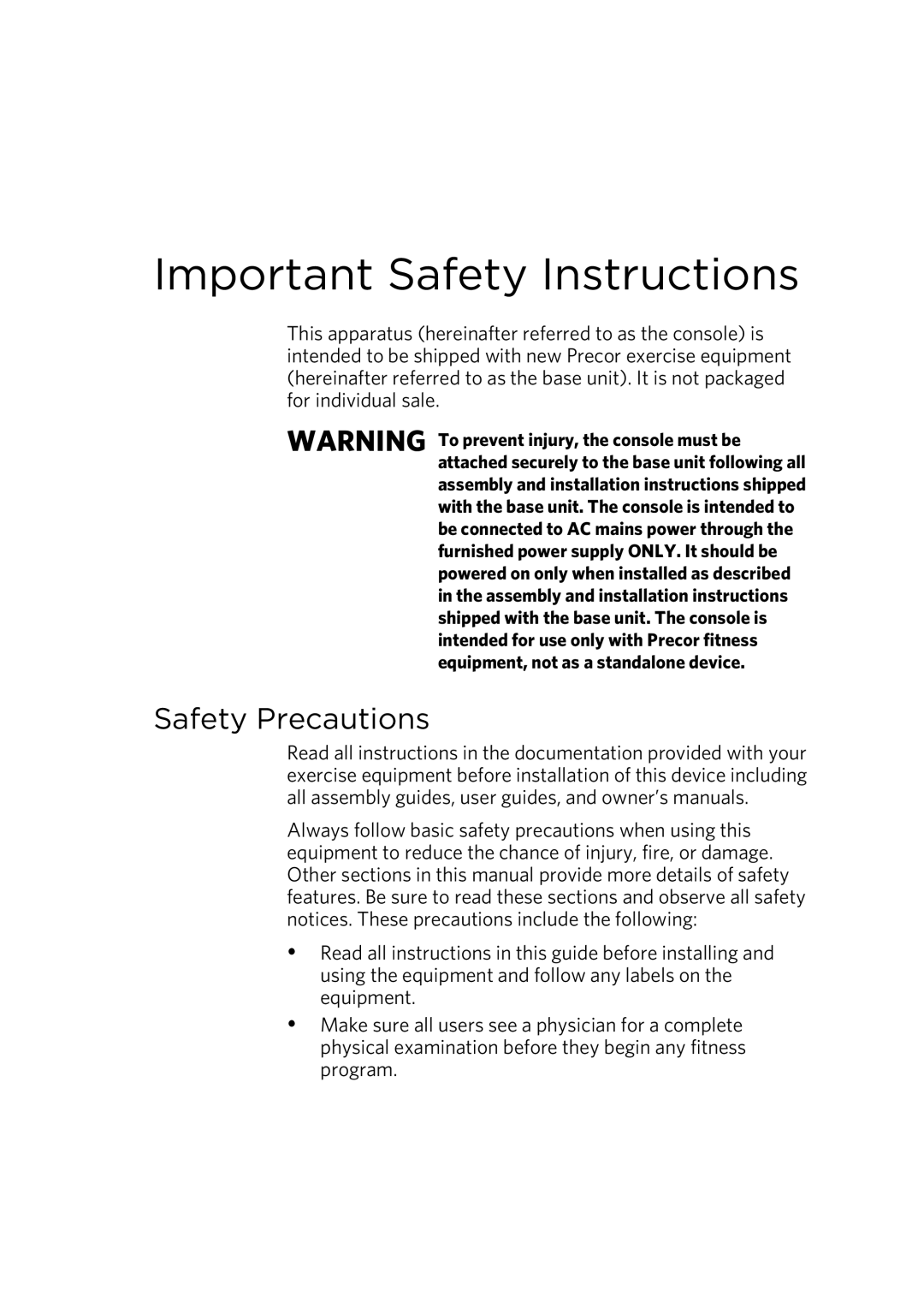 Precor 300753-201 manual Important Safety Instructions, Safety Precautions 