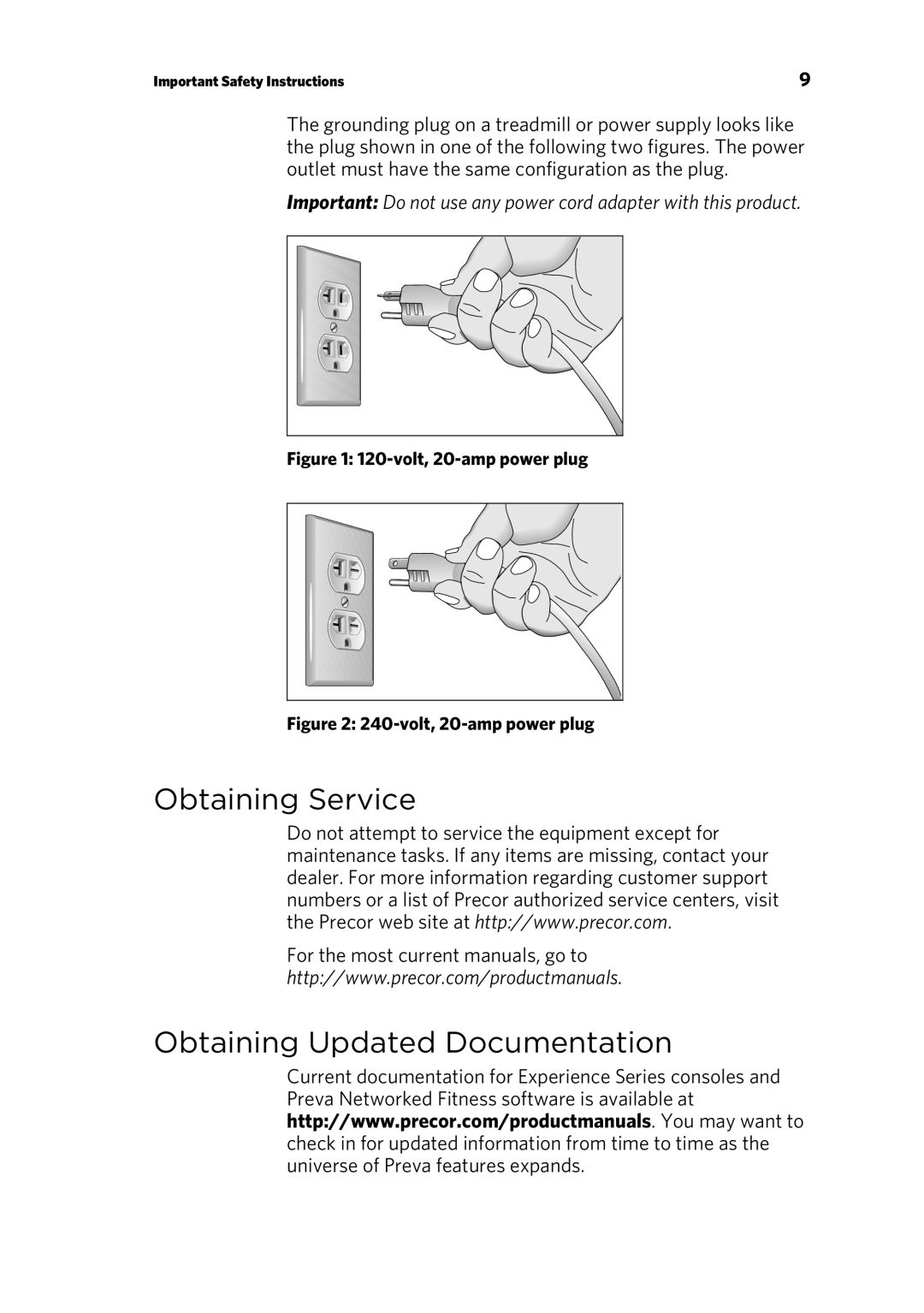 Precor 300753-201 manual Obtaining Updated Documentation, volt, 20-amp power plug 