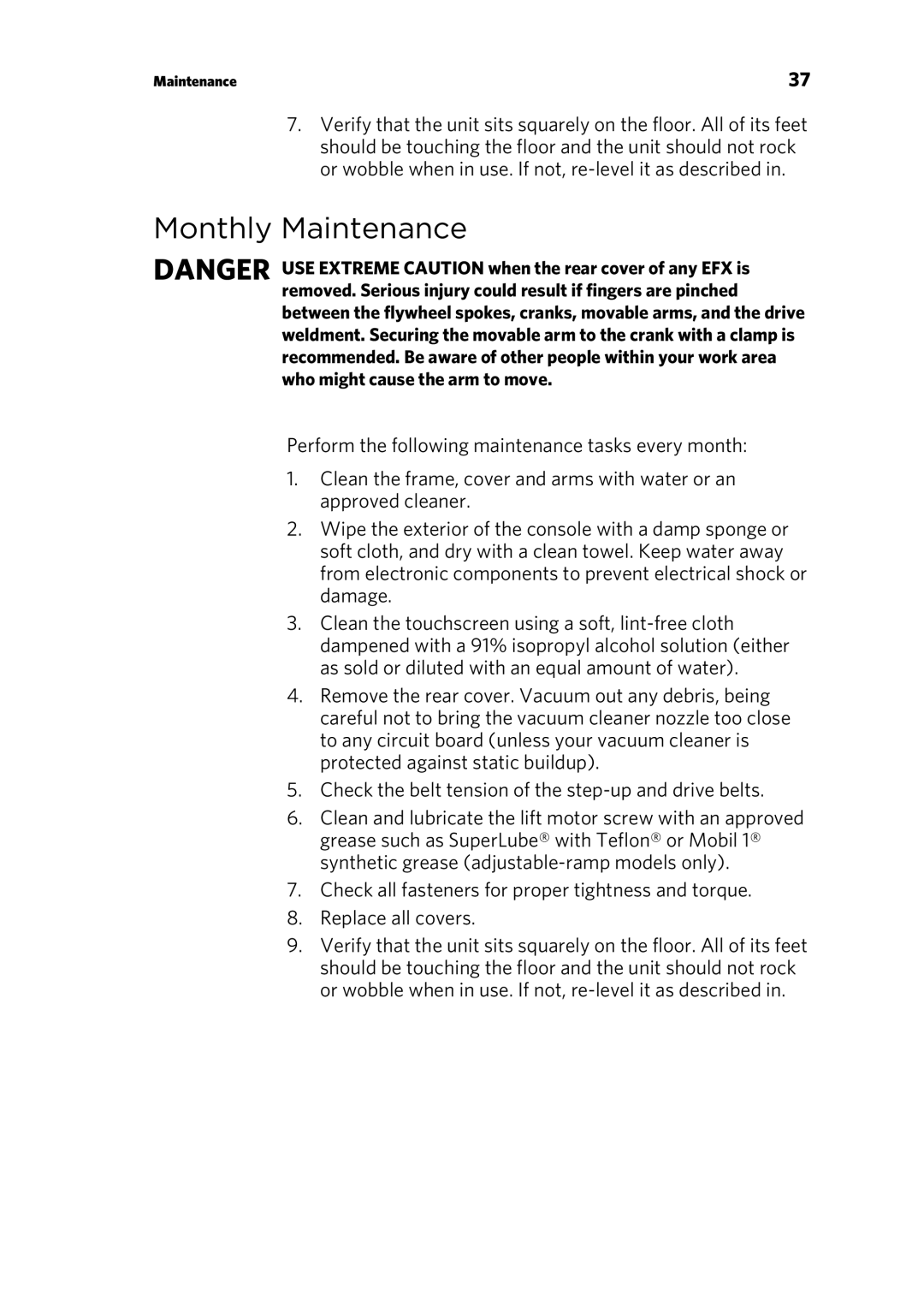 Precor 300753-201 manual Monthly Maintenance 