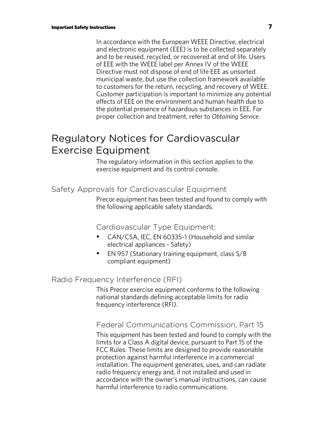 Precor 300753-201 Regulatory Notices for Cardiovascular Exercise Equipment, Safety Approvals for Cardiovascular Equipment 