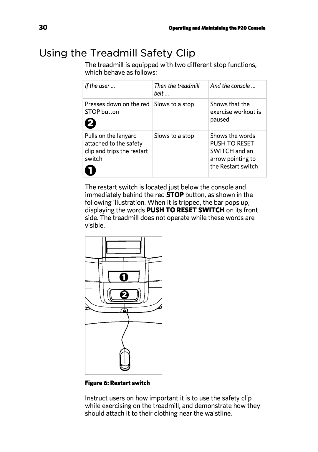 Precor 300753-201 manual Using the Treadmill Safety Clip, Restart switch 