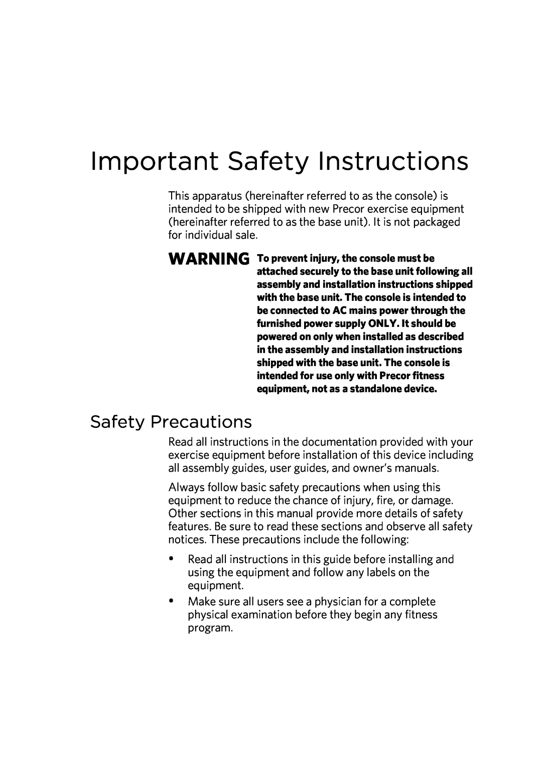 Precor 300753-201 manual Important Safety Instructions, Safety Precautions 