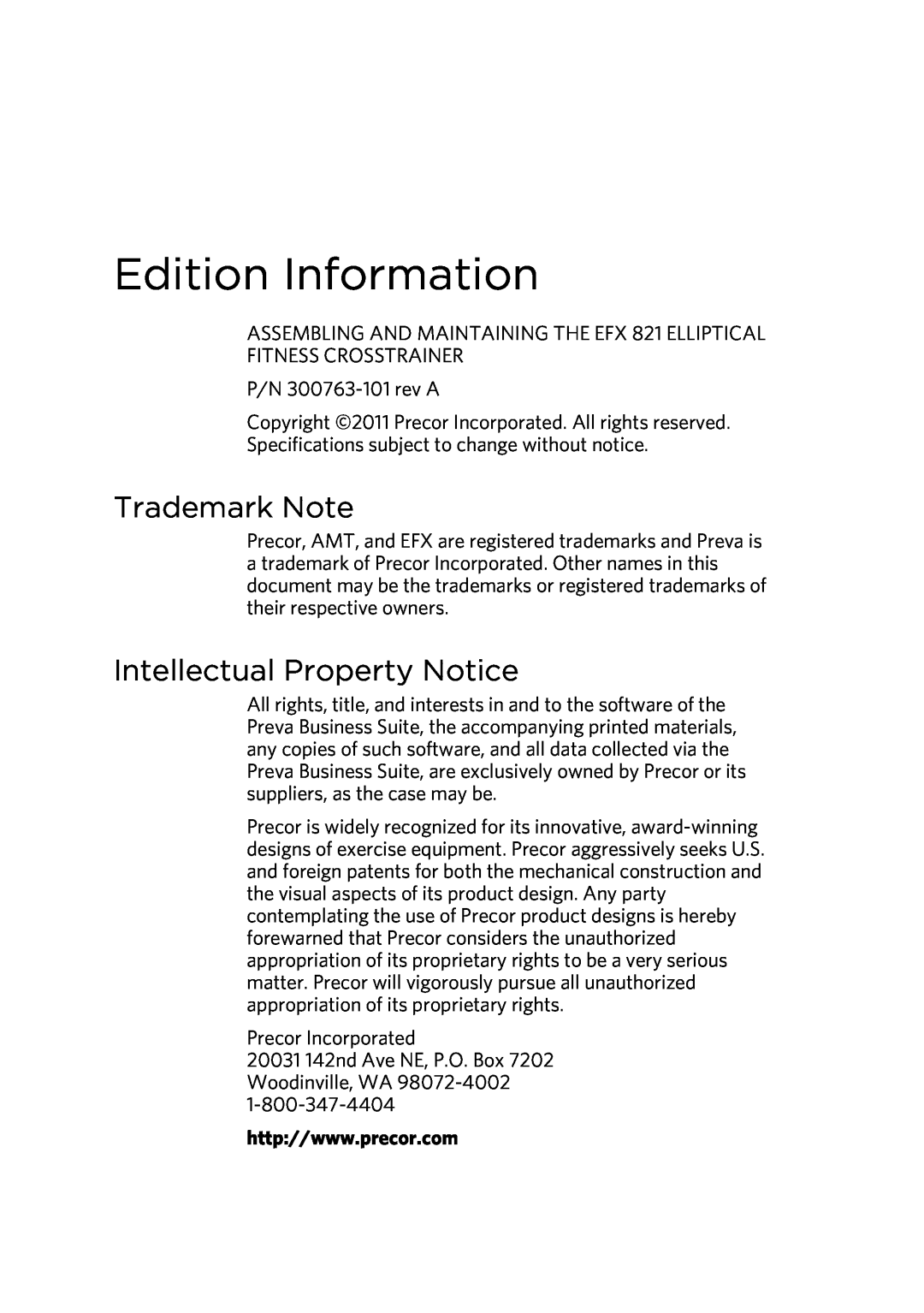 Precor 300753-201 manual Edition Information, Trademark Note, Intellectual Property Notice 