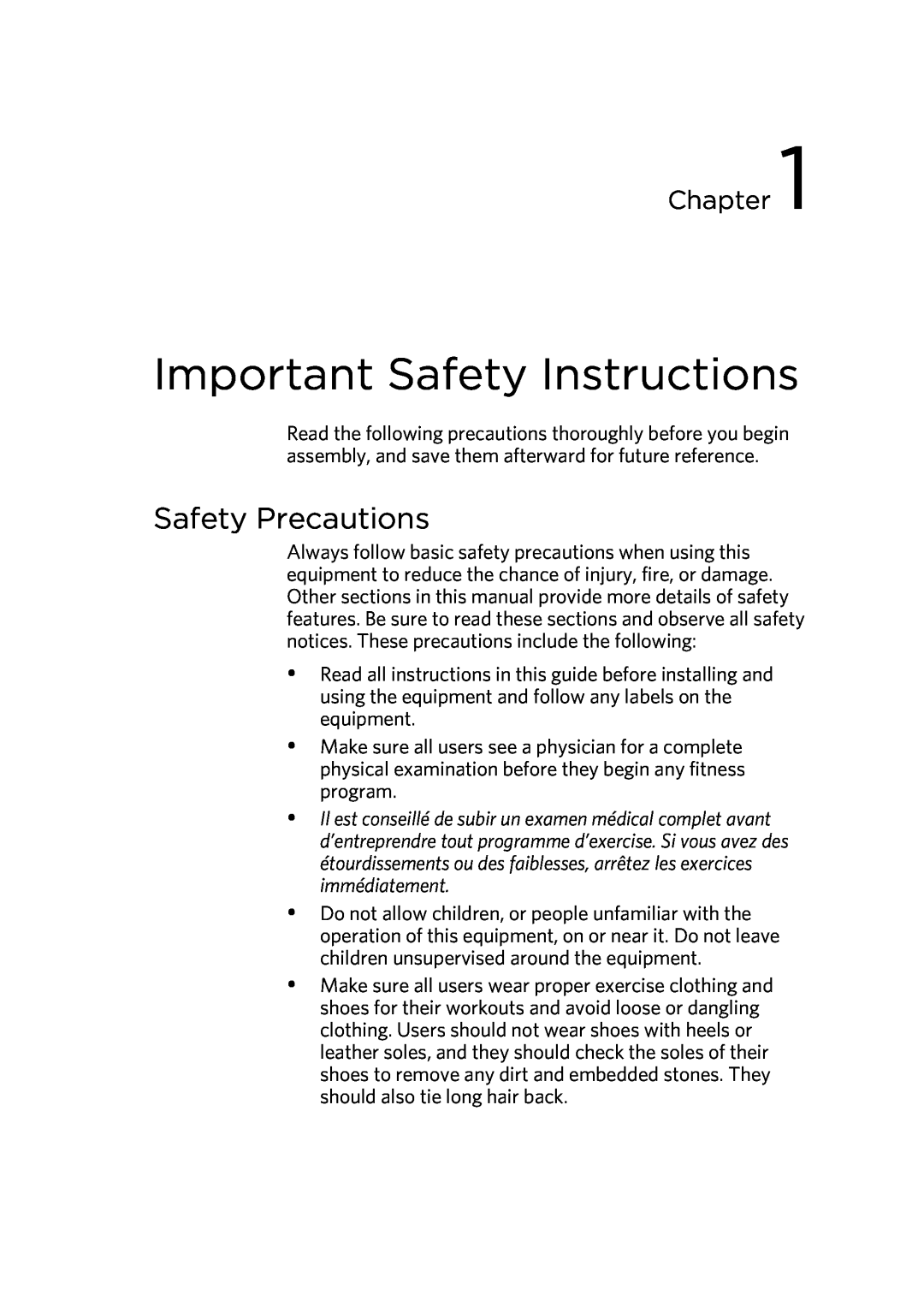 Precor 300753-201 manual Important Safety Instructions, Safety Precautions, Chapter 