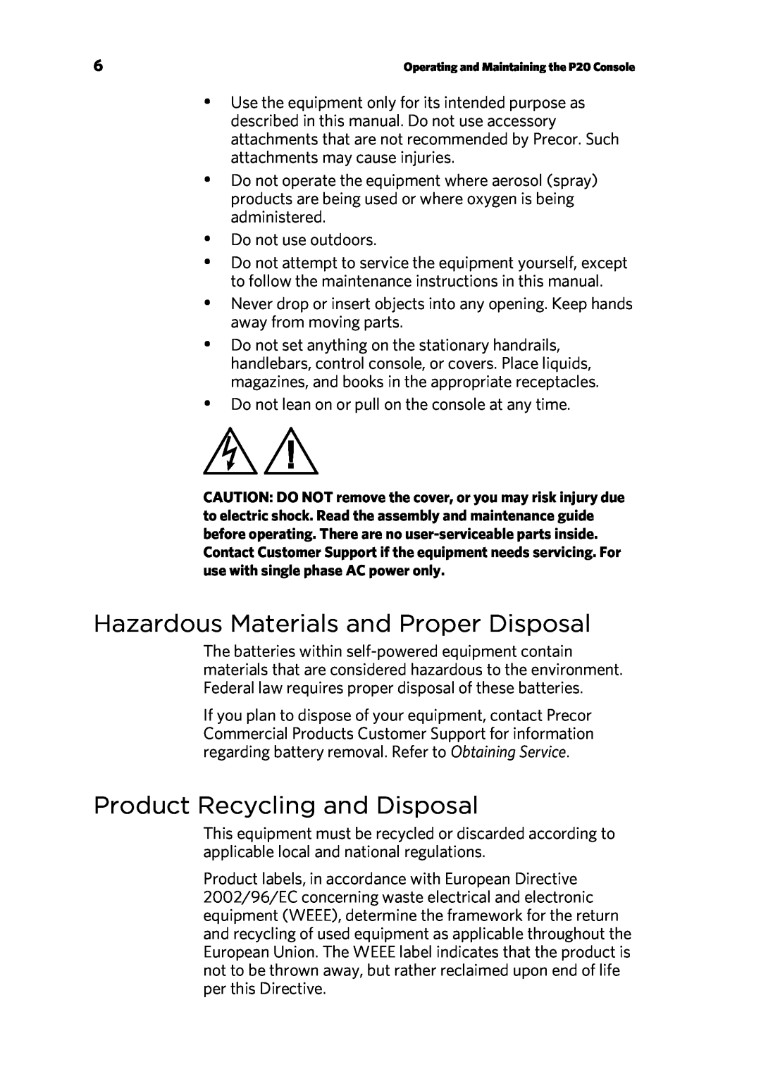Precor 300753-201 manual Hazardous Materials and Proper Disposal, Product Recycling and Disposal 