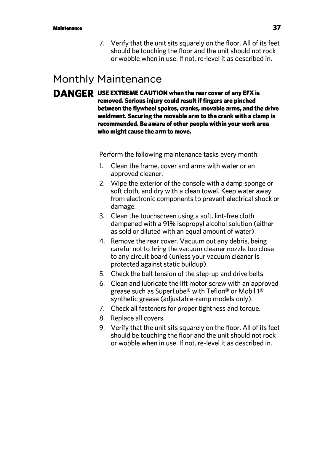 Precor 300753-201 manual Monthly Maintenance 