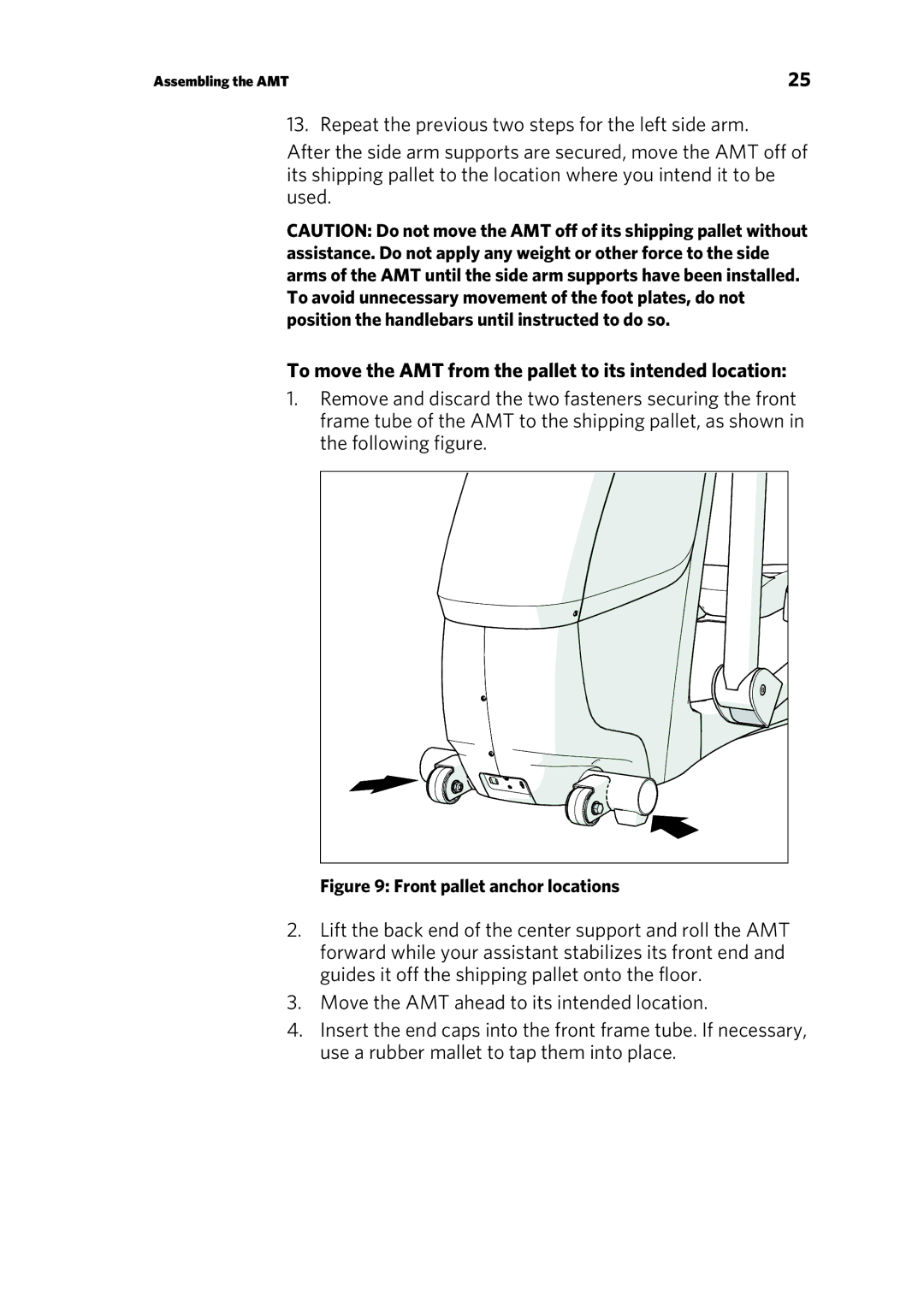 Precor 303135-111 manual To move the AMT from the pallet to its intended location, Front pallet anchor locations 