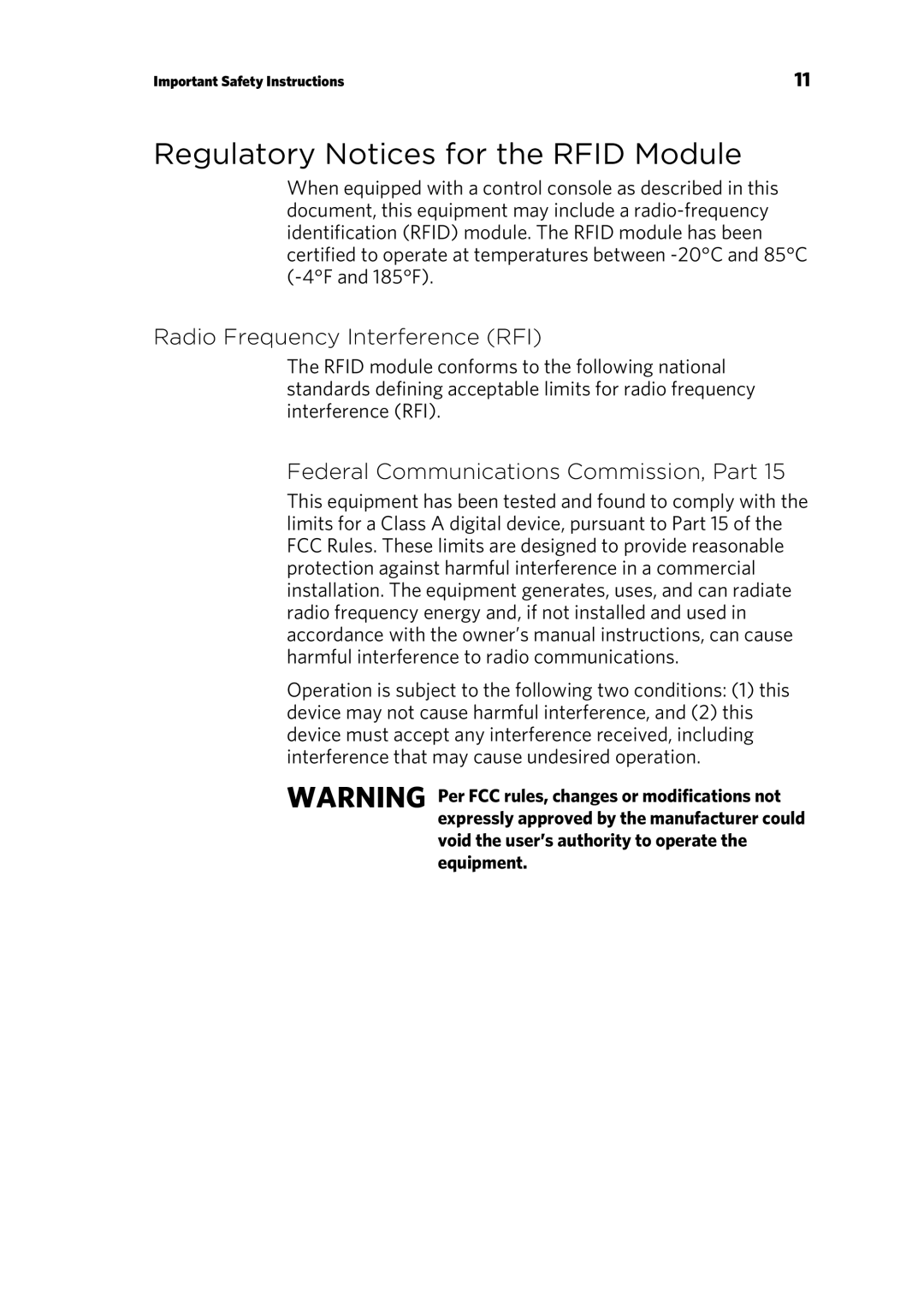 Precor 303135-111 manual Regulatory Notices for the Rfid Module, Radio Frequency Interference RFI 