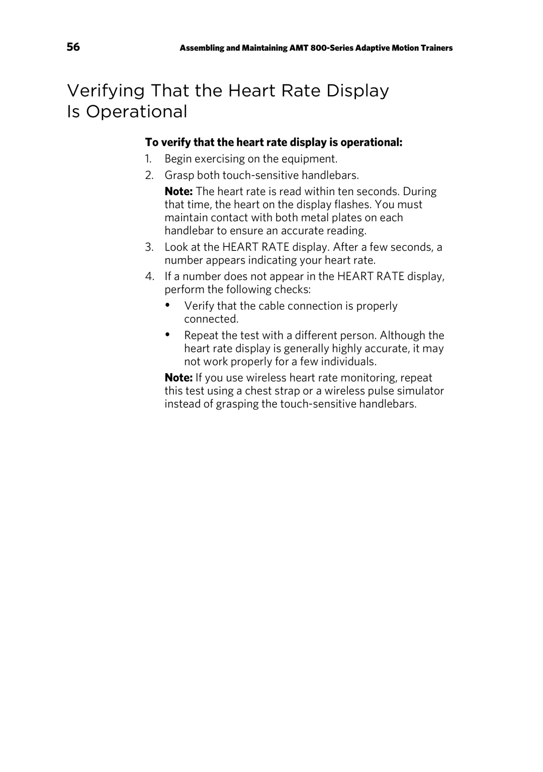 Precor 303135-111 manual Verifying That the Heart Rate Display Is Operational 