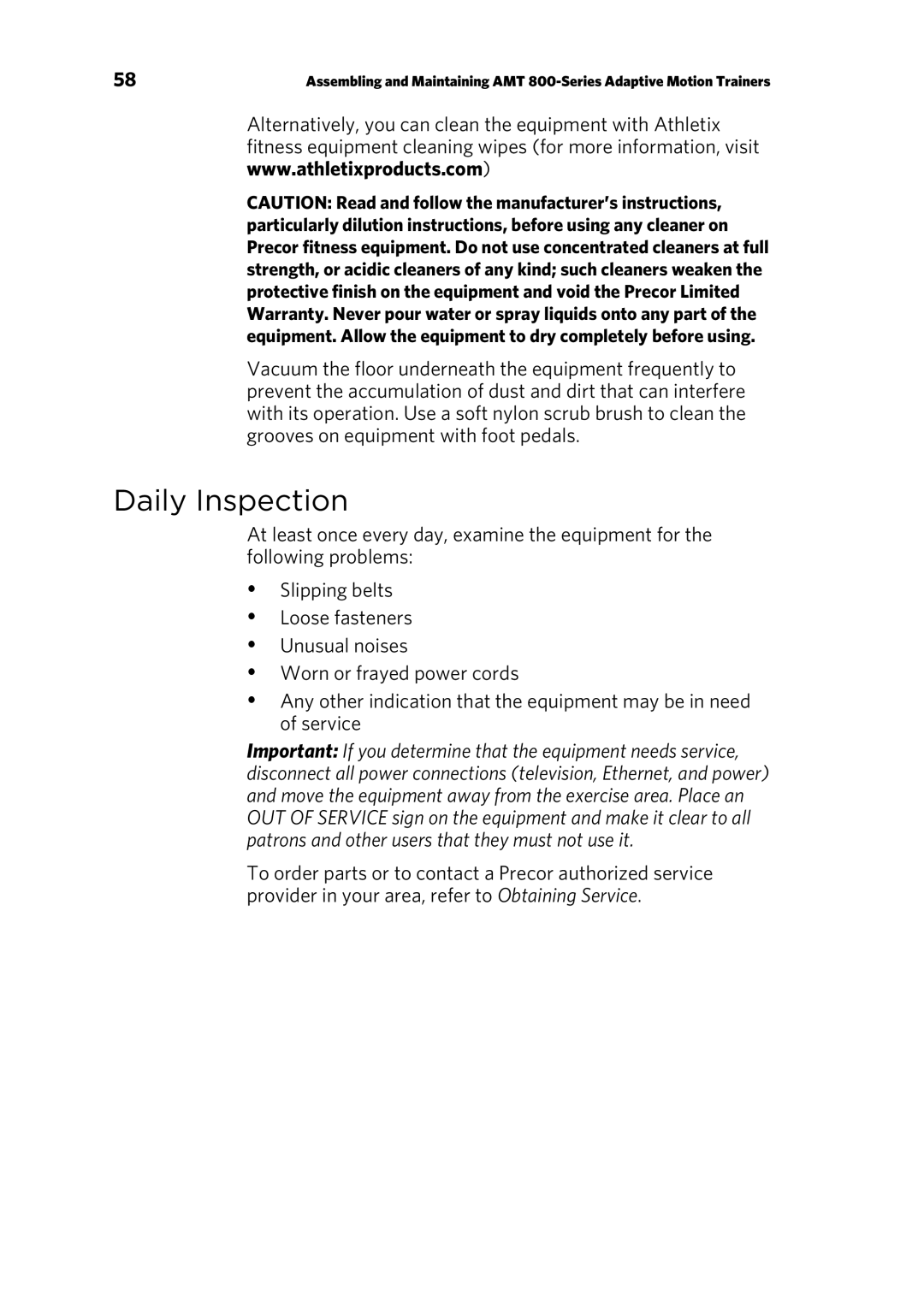 Precor 303135-111 manual Daily Inspection 