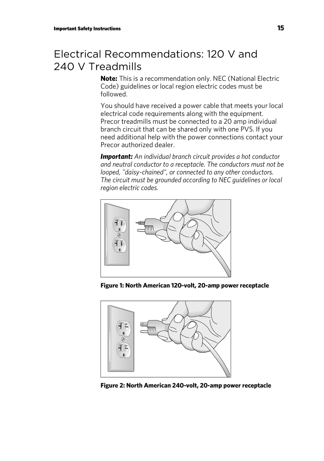 Precor 303135-111 Electrical Recommendations 120 V and 240 V Treadmills, North American 120-volt, 20-amp power receptacle 