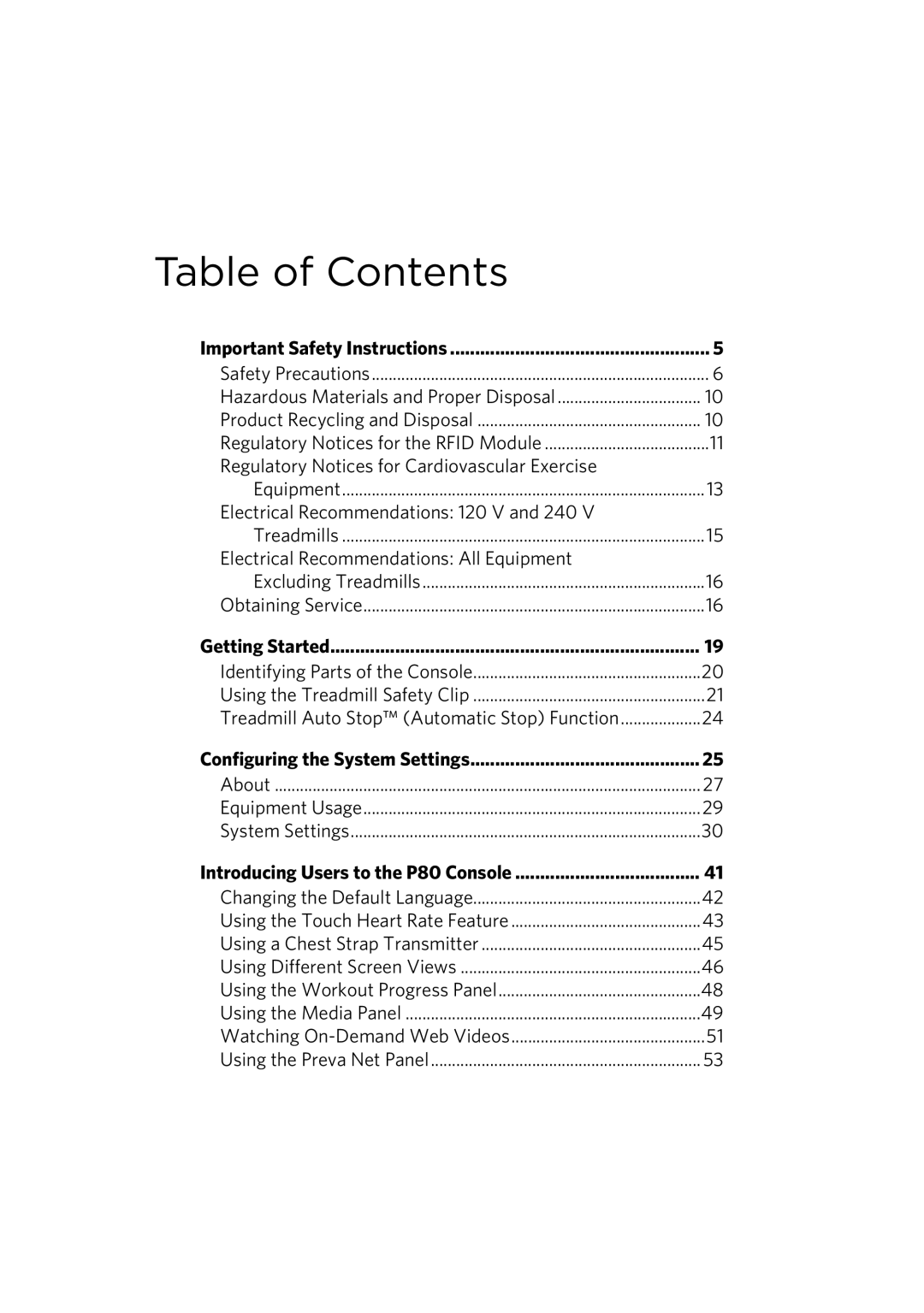 Precor 303135-111 manual Table of Contents 