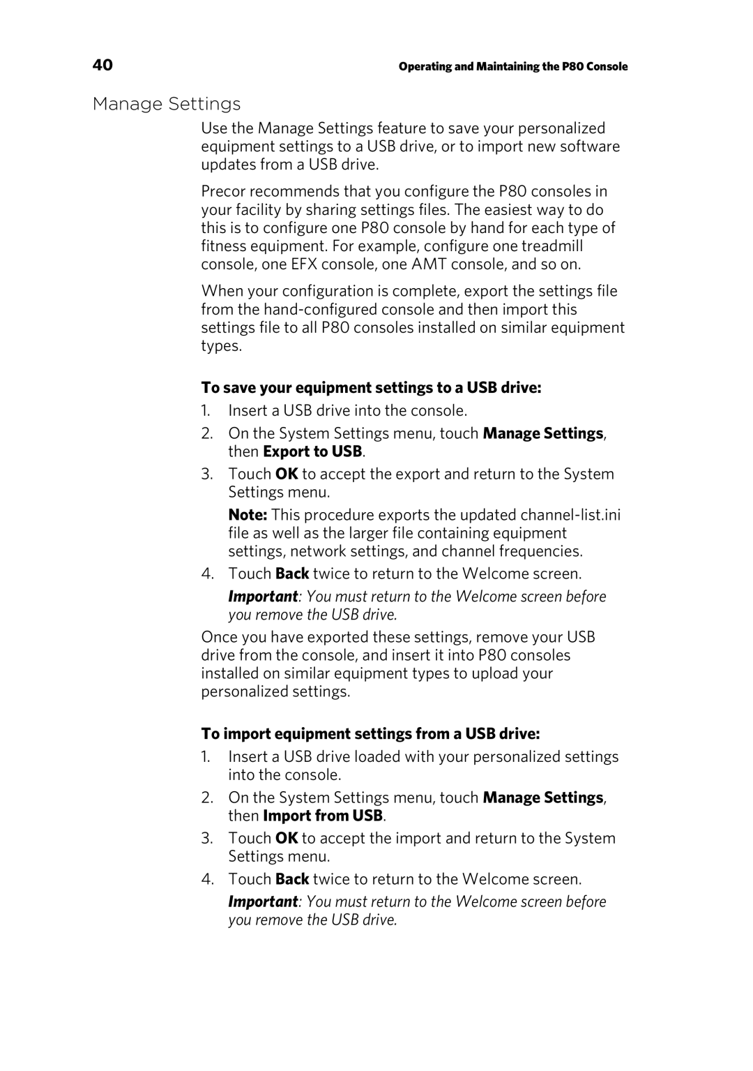 Precor 303135-111 manual Manage Settings, To save your equipment settings to a USB drive 