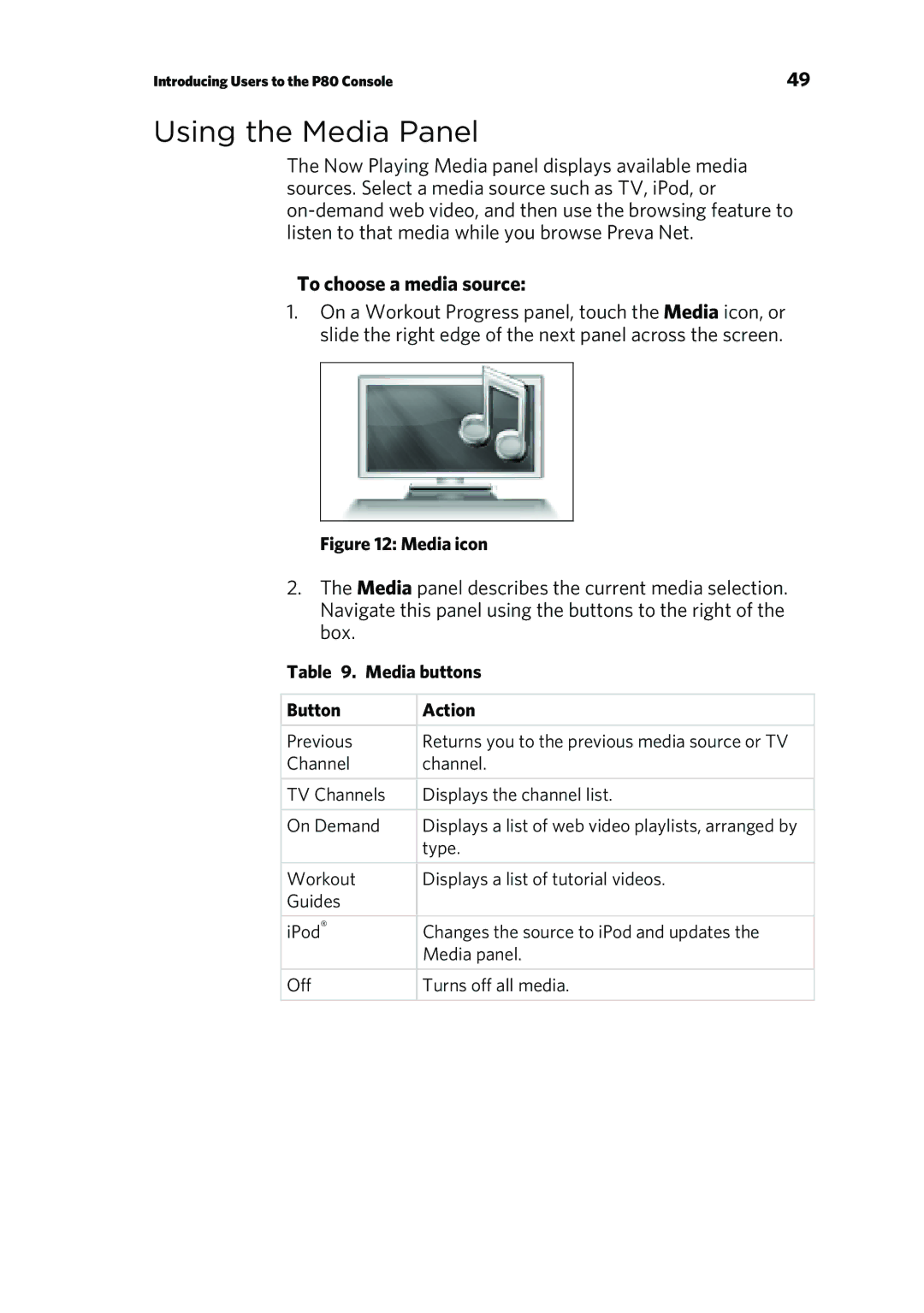 Precor 303135-111 manual Using the Media Panel, To choose a media source, Media buttons Button Action 