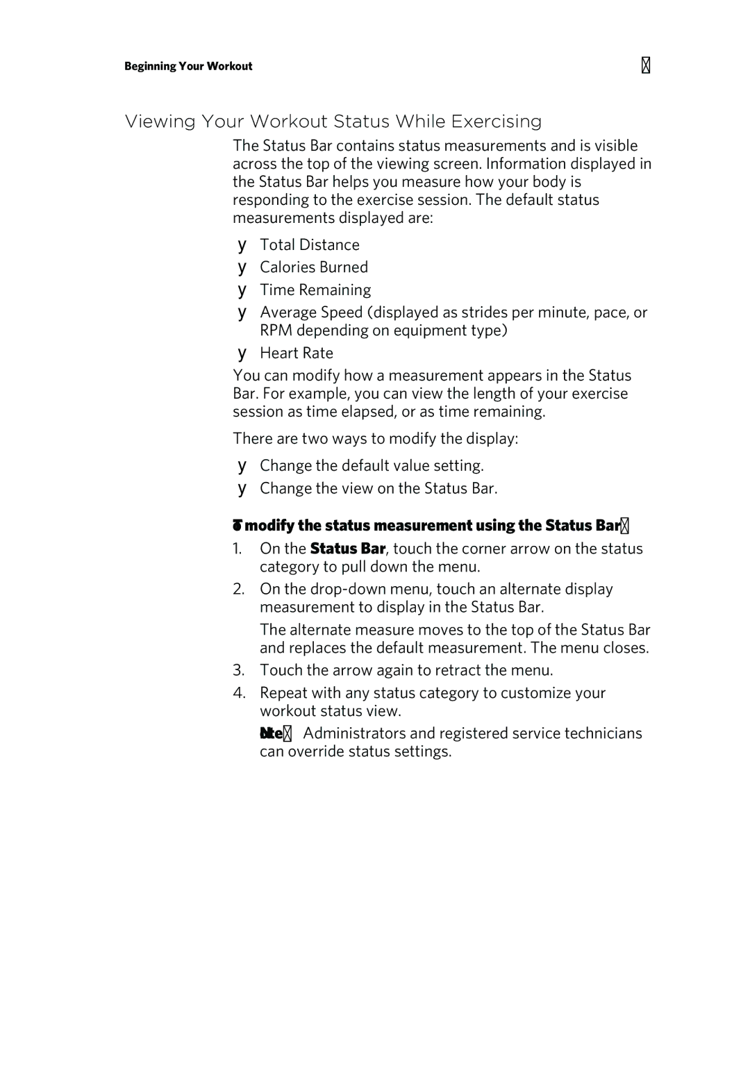 Precor 303135-111 Viewing Your Workout Status While Exercising, To modify the status measurement using the Status Bar 