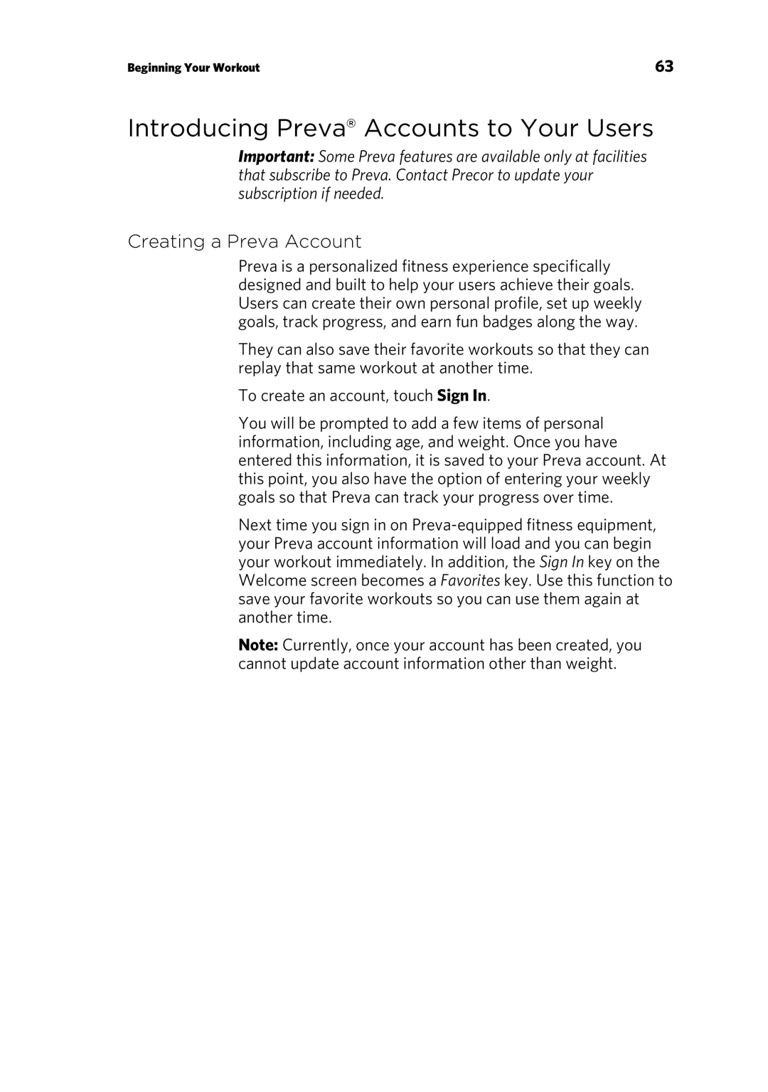 Precor 303135-111 manual Introducing Preva Accounts to Your Users, Creating a Preva Account 
